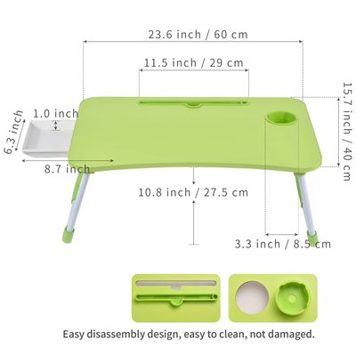 Opvouwbare laptopschuifbak met kopjeshouder en product afmetingen 15,7&quot;D x 23,6&quot;W x 11&quot;H