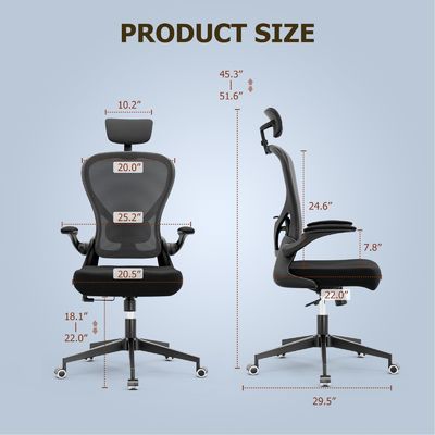 Draaibare functie en flip-up armen Ergonomische thuis kantoor bureau stoel met hoogteverstelling