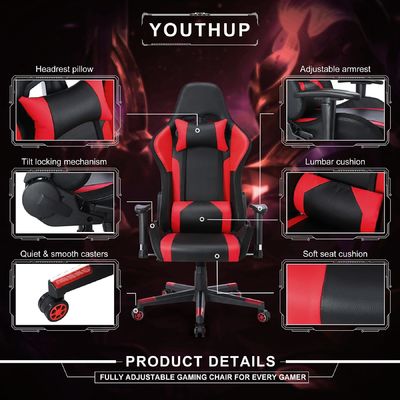 ALINUNU Aanpasbare leer RGB-gamingstoel met LED-lichtbalk en stofmateriaal