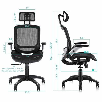 Ergonomische hoge rug bureau stoel met verstelbare hoofdsteun en flip arm stijl lift stoel