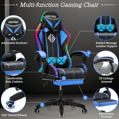 Gepersonaliseerde kleur Ergonomische gaming stoel met LED-lichten Voetsteun en draaibare stijl