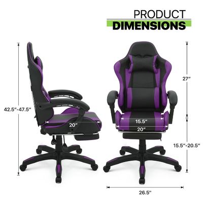 Ergonomische videospelstoel met voetsteun, hoofdsteun, lendensteun, spelstoel