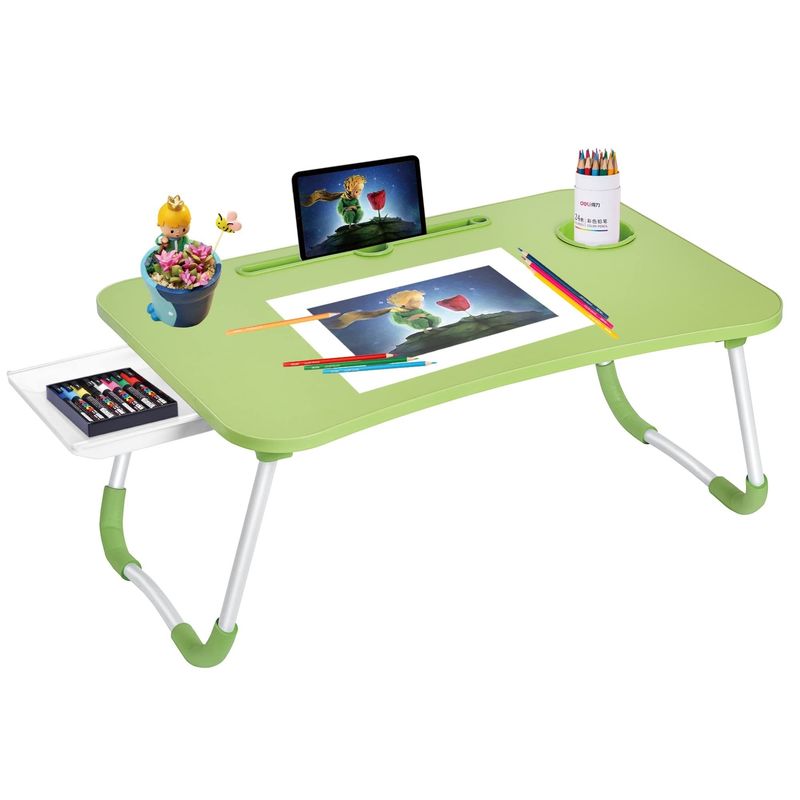 Opvouwbare laptopschuifbak met kopjeshouder en product afmetingen 15,7&quot;D x 23,6&quot;W x 11&quot;H