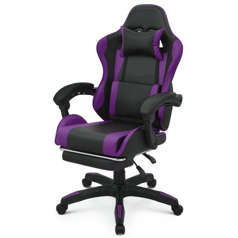 Ergonomische videospelstoel met voetsteun, hoofdsteun, lendensteun, spelstoel