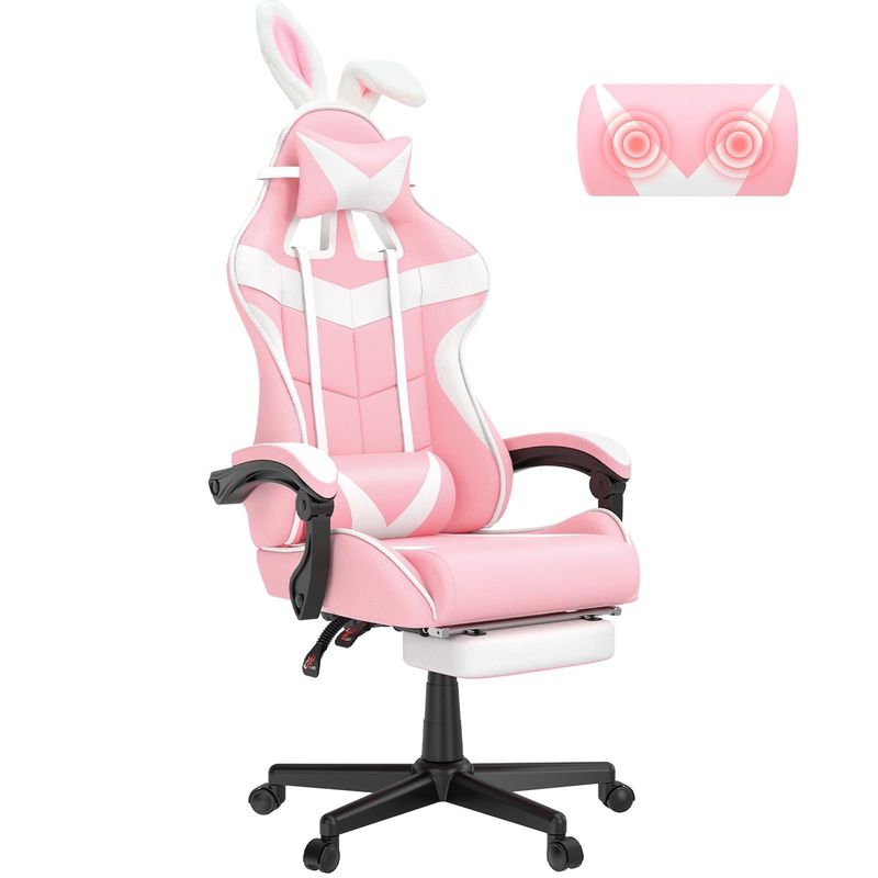 Draaiende stoel Roze speelstoel met voetenrest en schattig konijntjesontwerp.